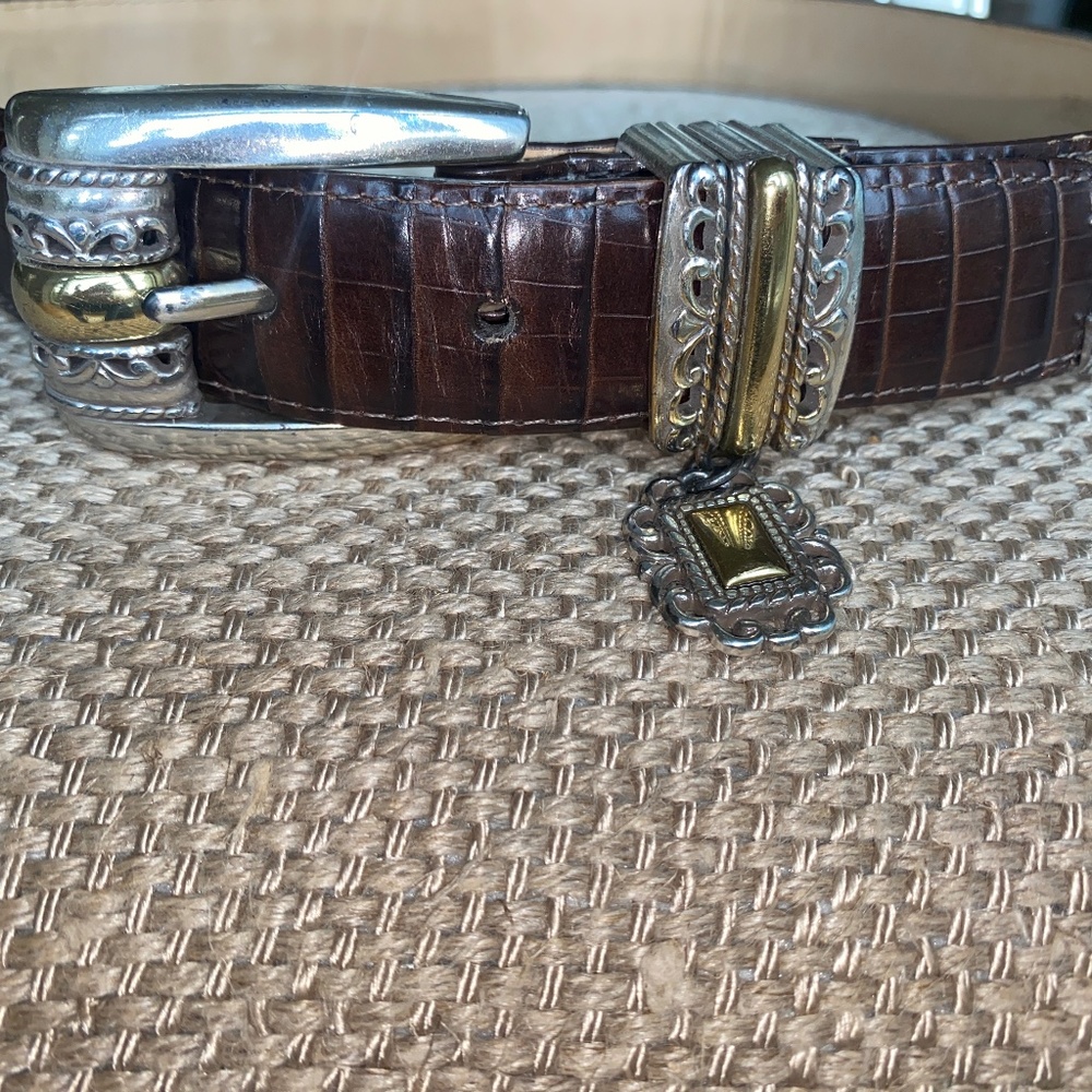 Brighton Brown Leather Croc Pattern 40398 Silver Gold Trim Women's Belt Sz 28